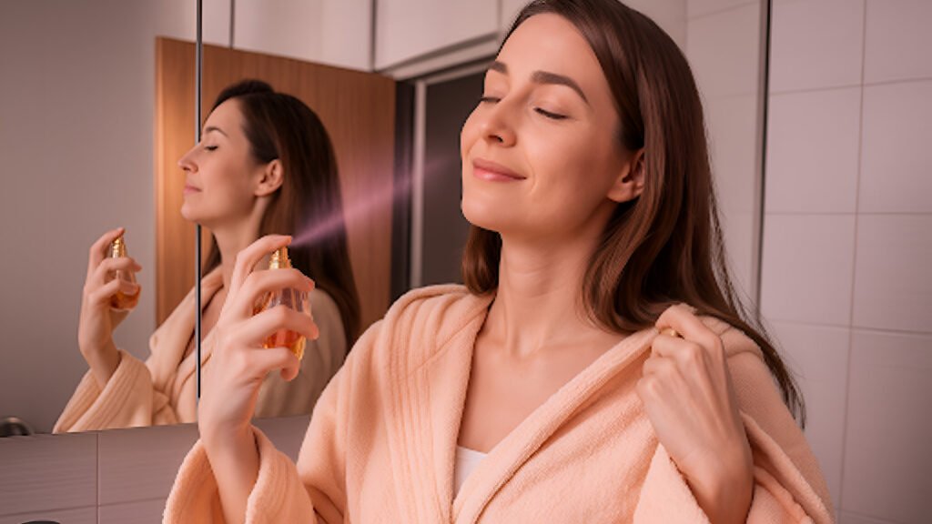 Woman applying perfume in the bathroom mirror.